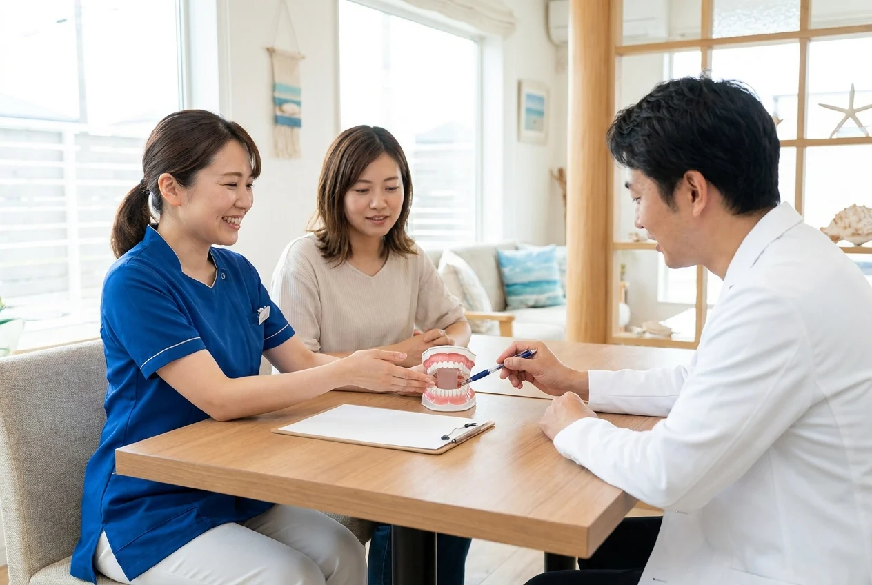 Dental professional explaining fluoride, sealants, and cleanings to a patient