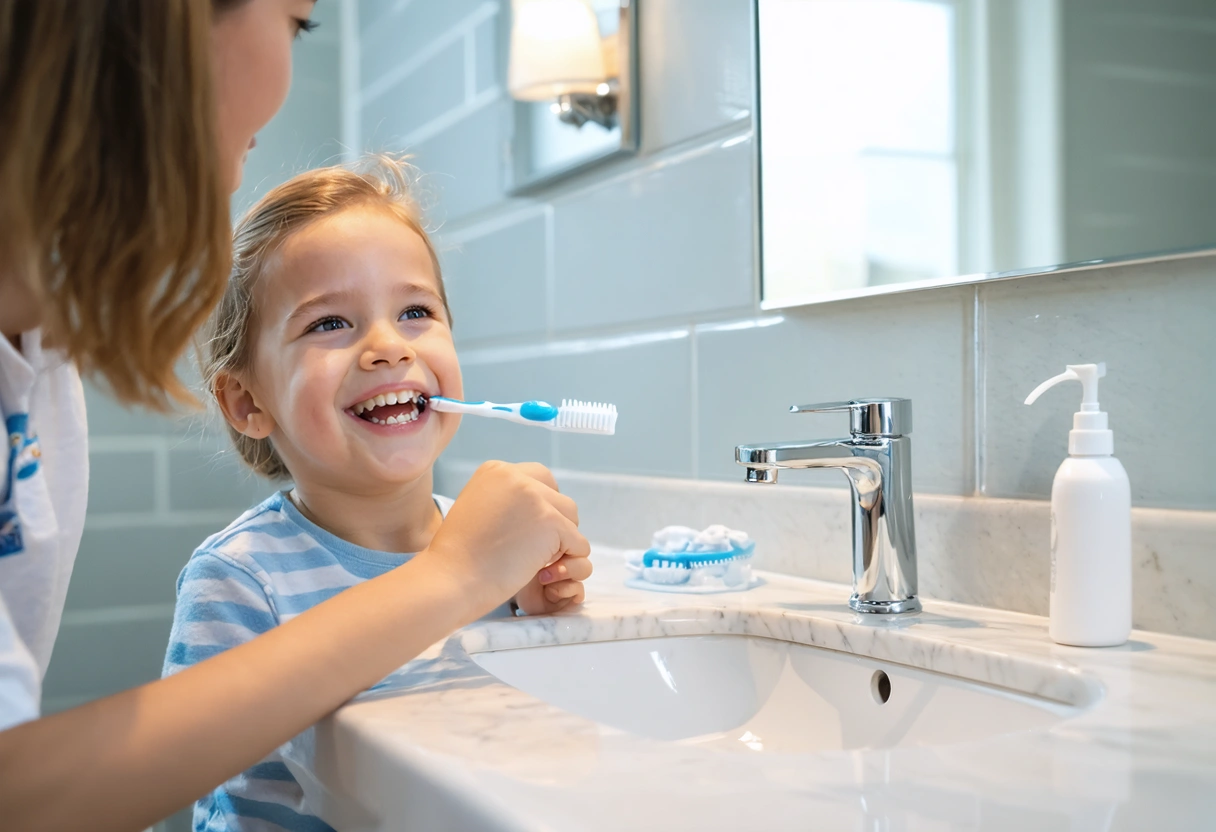 Parent helping child brush teeth after a dental visit