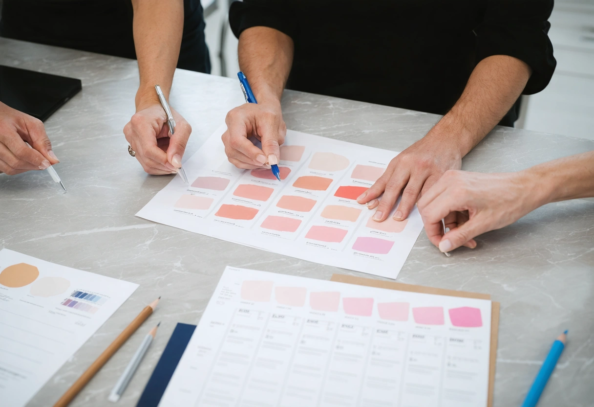 Team reviews shade guides and restoration notes for natural brightness