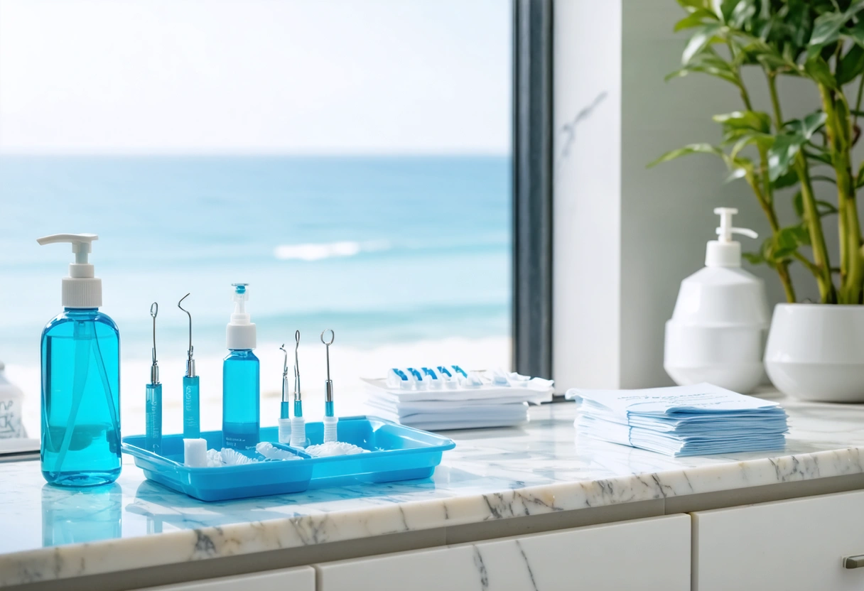 Dental preventive care tools arranged on a bright stone counter