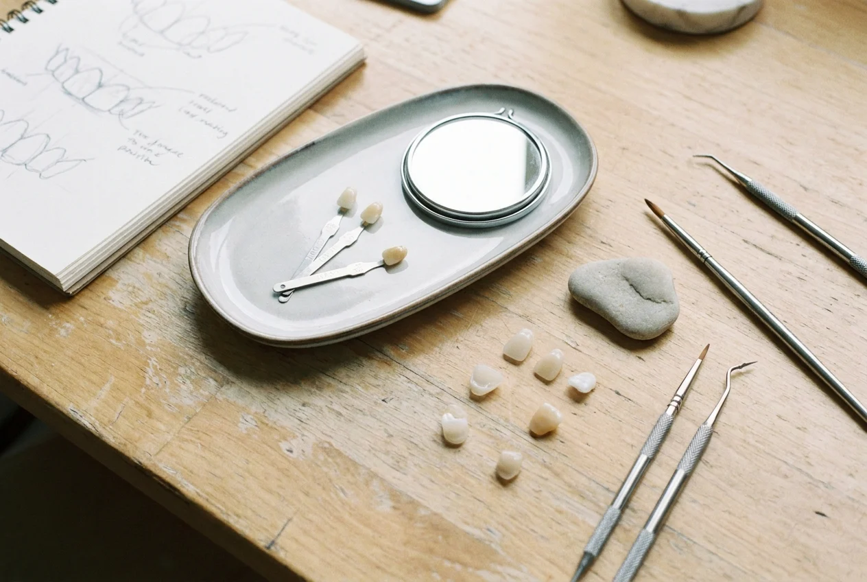 Flat lay of cosmetic dentistry planning tools, shade tabs, mirror, and notes
