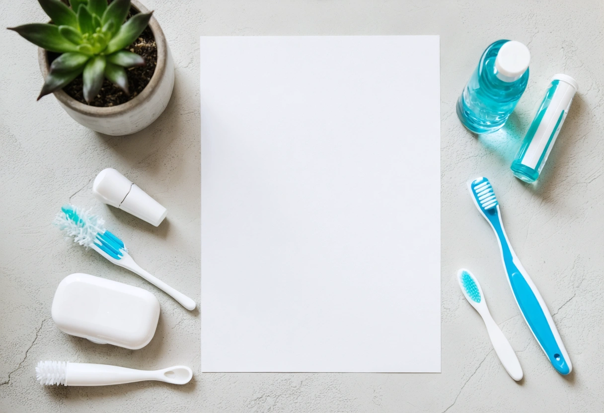 Organized flat lay of fluoride products, floss, and dental tools