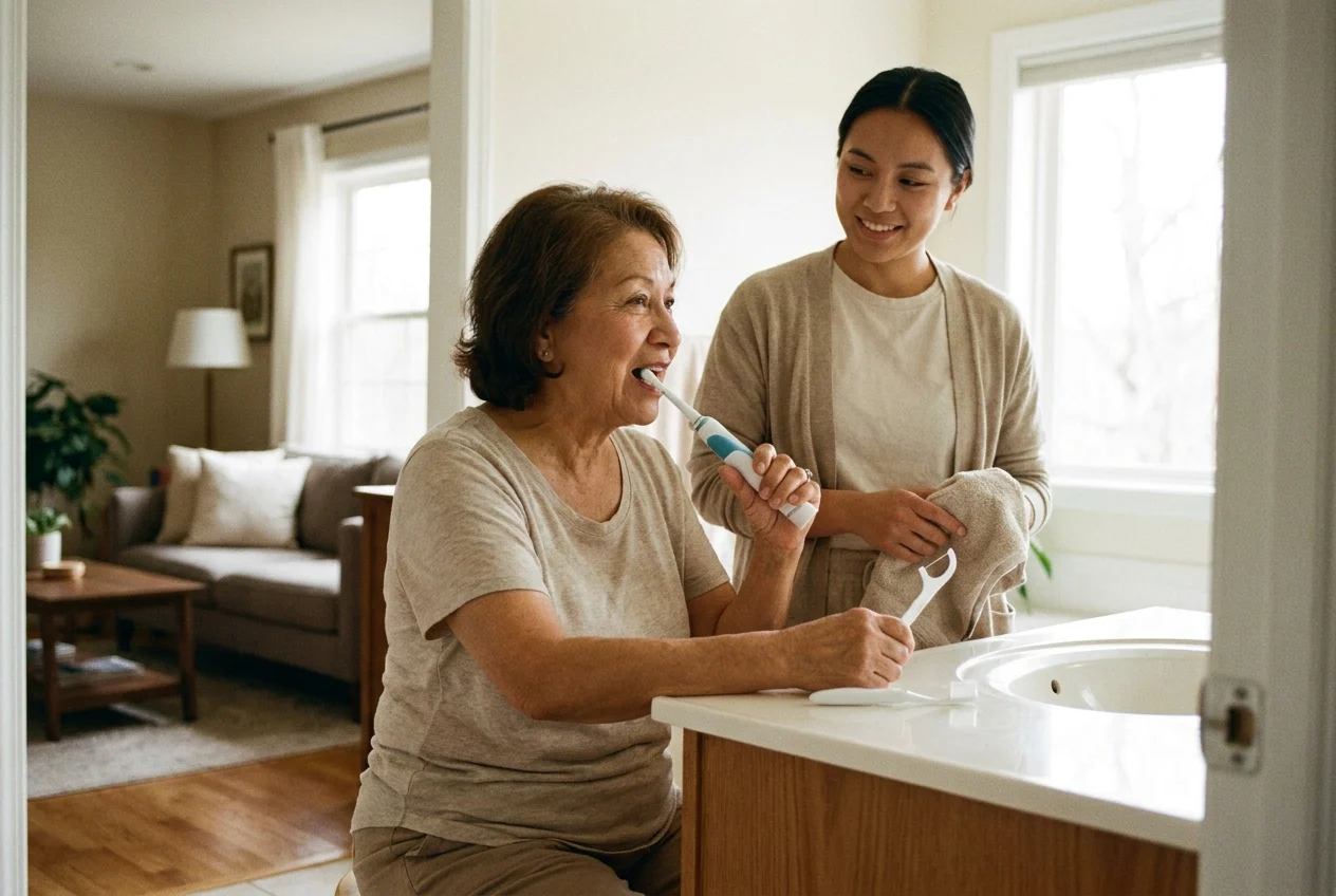 Older adult using adaptive oral care tools with family support nearby