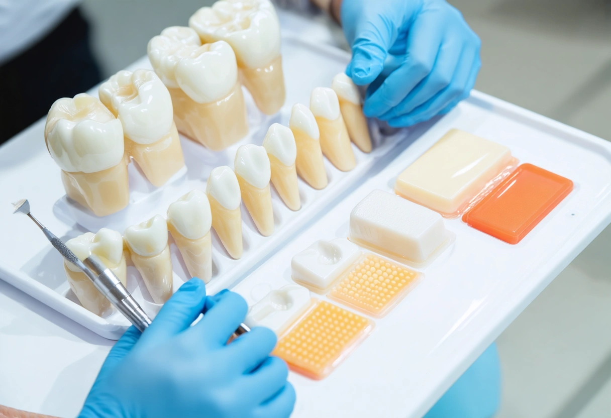 Dentist and patient compare shade tabs and ceramic samples in consultation