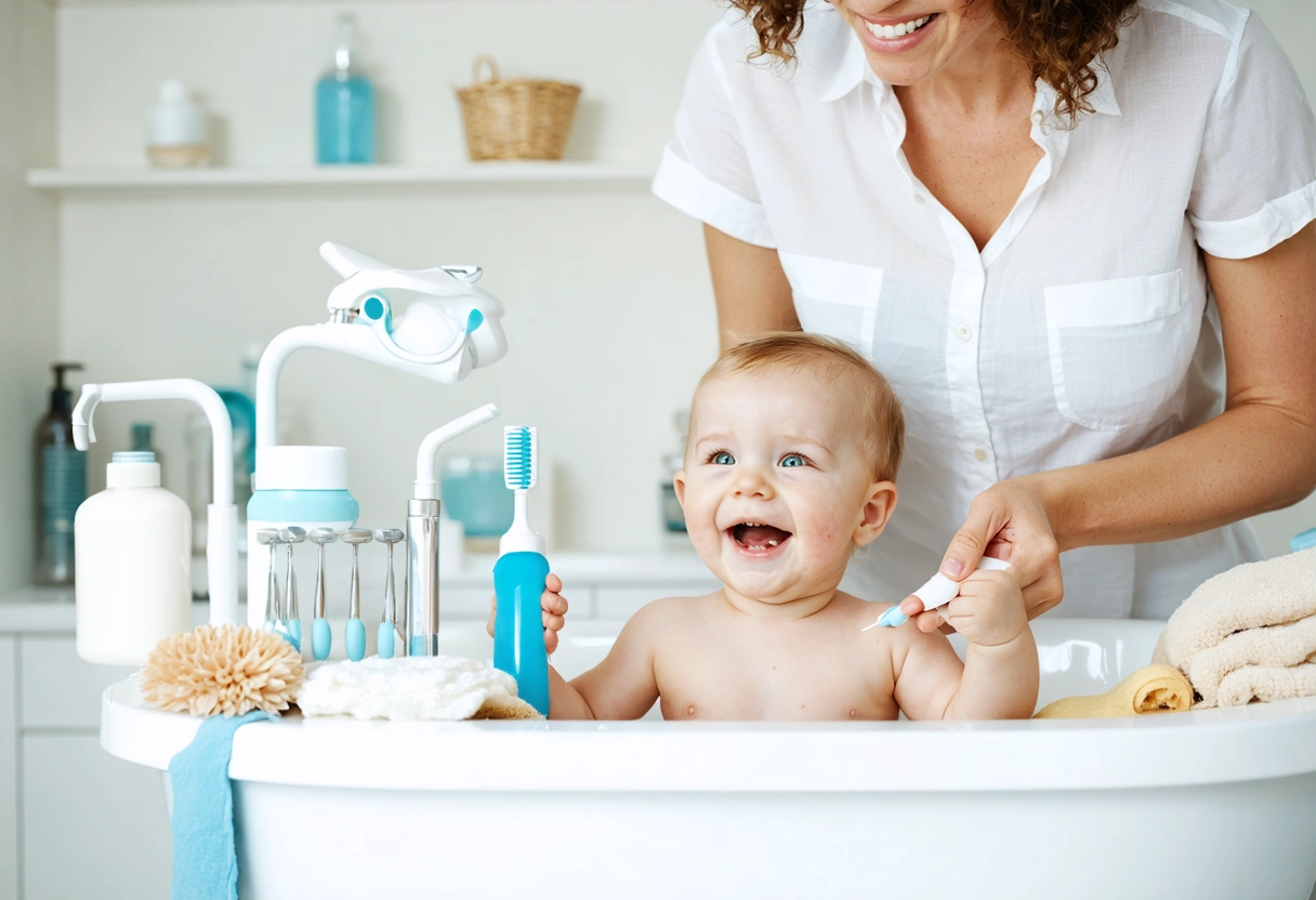 Parent teaching infant gum care in a serene coastal workspace