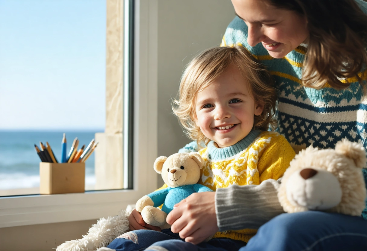 Child packing for a dental visit with stuffed animal and parent
