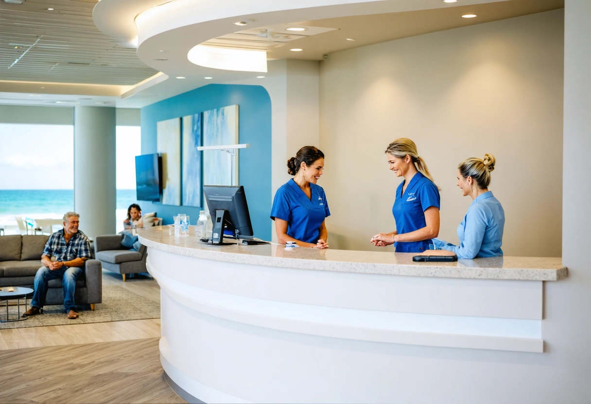 Patient coordinator welcomes a multigenerational family in a coastal dental reception