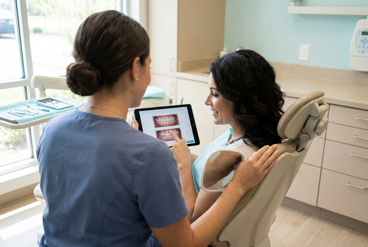 Clinician and patient review a smile mockup in a modern operatory