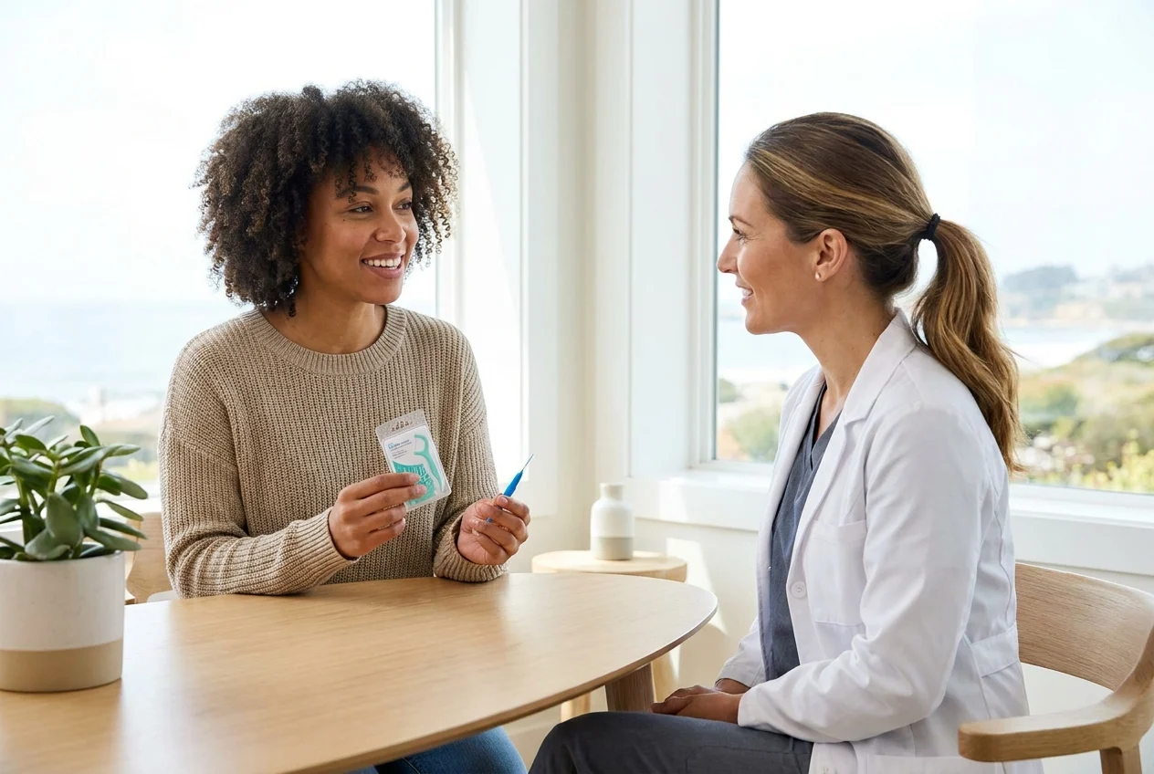 Smiling patient holding floss picks while speaking with a dentist