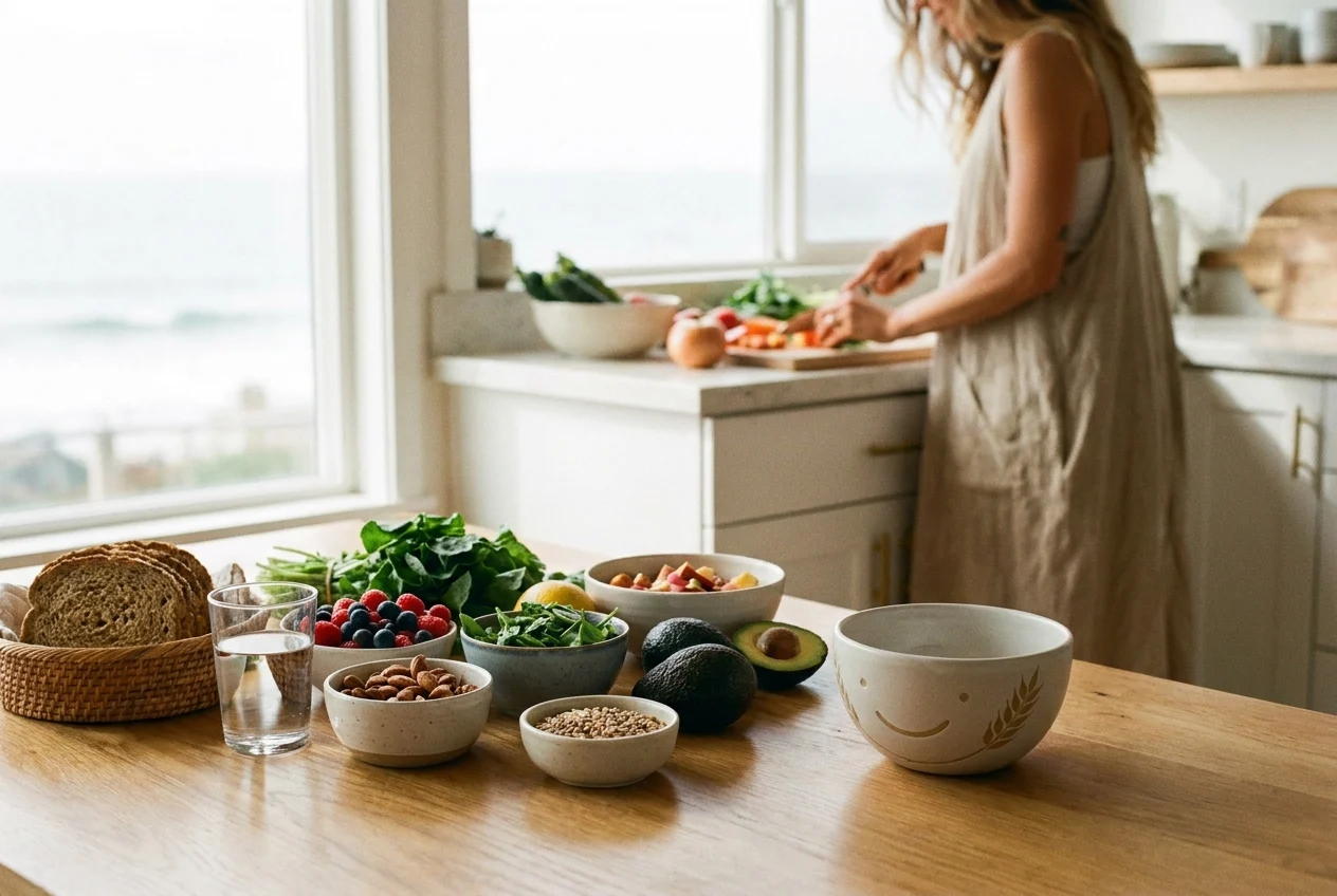 Healthy foods and water beside a person preparing a nutritious meal