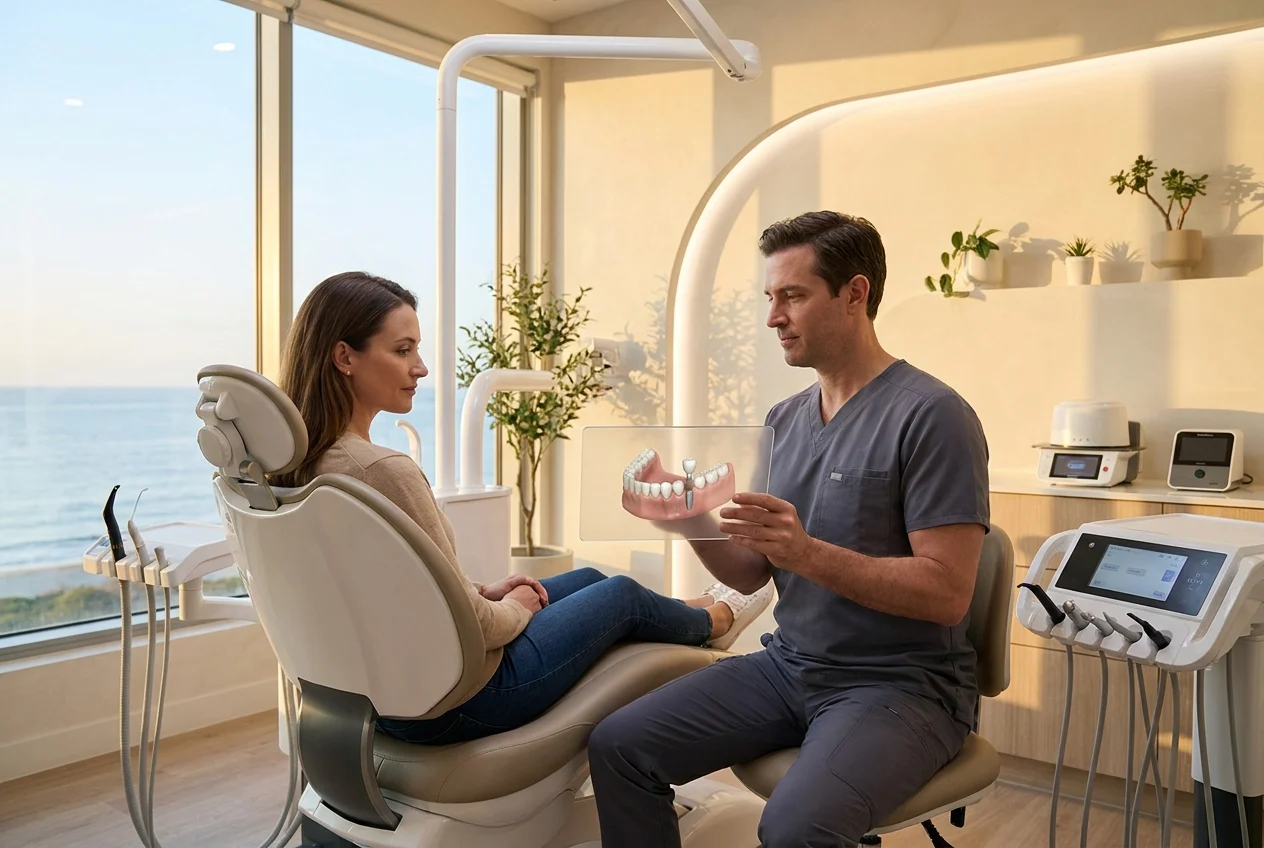 Patient and clinician reviewing a 3D tooth model in modern restorative care