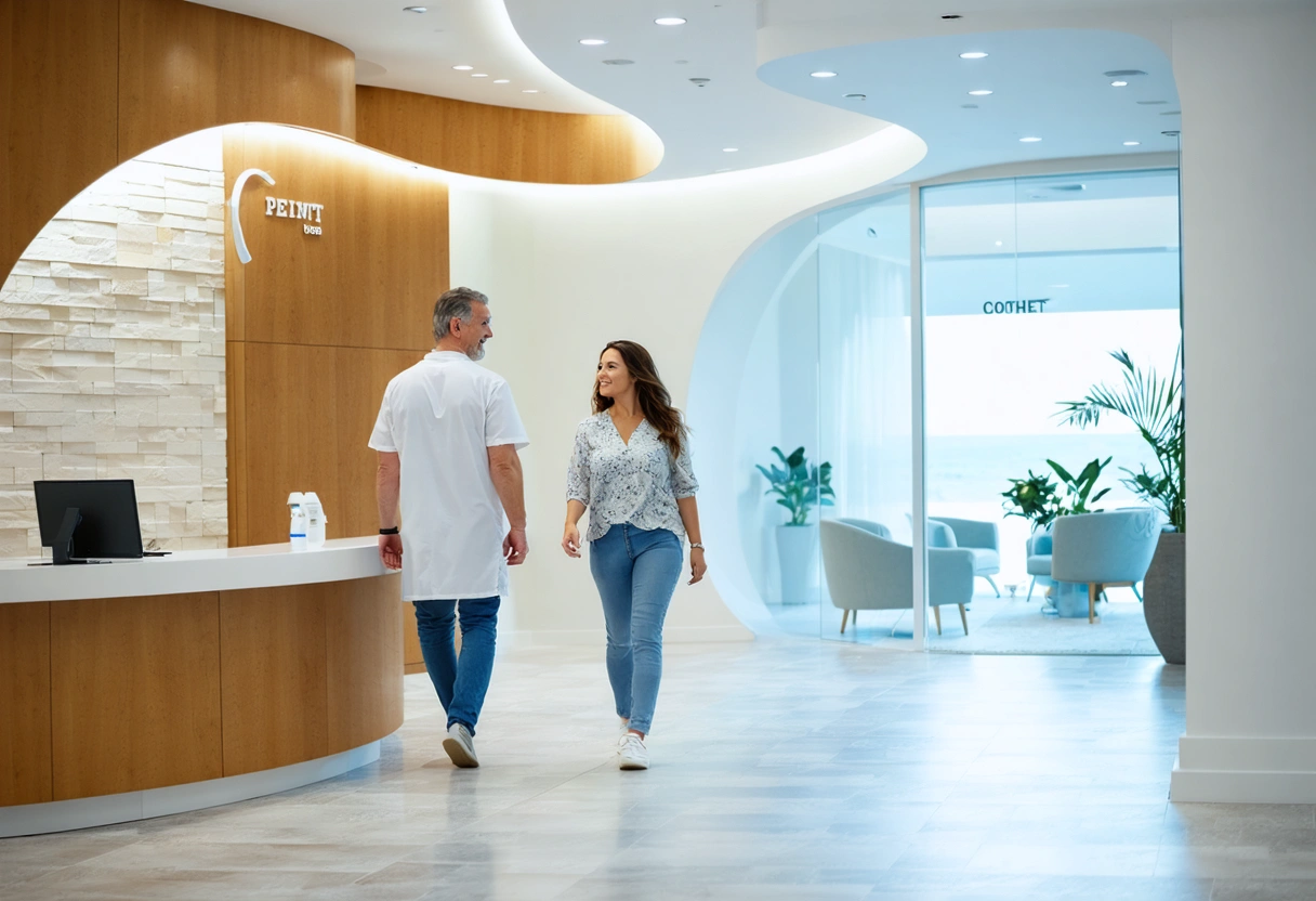 Dentist and relaxed patient walk toward a luminous modern treatment suite