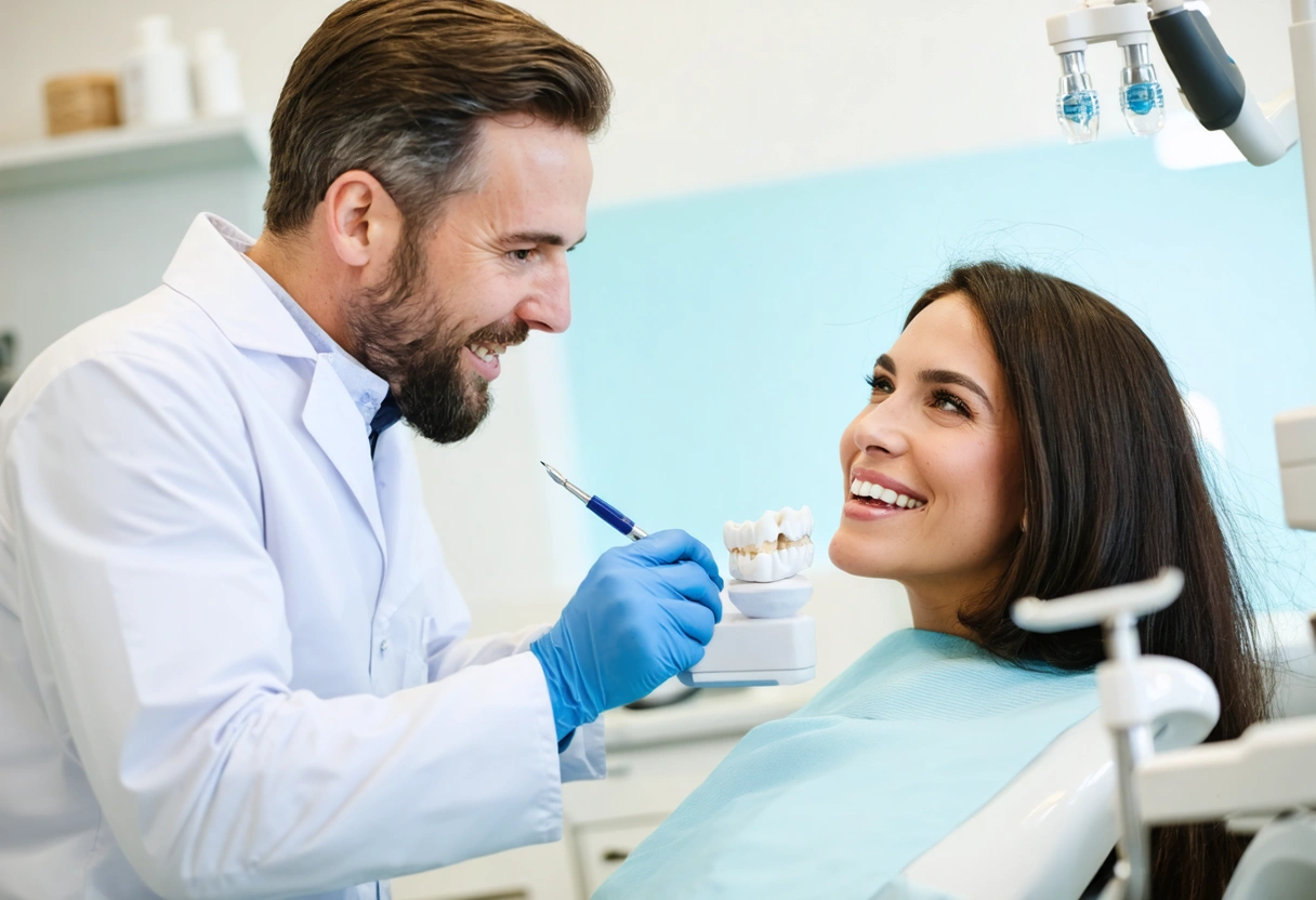 Dentist, patient, and assistant reviewing a tooth model for minor chip repair