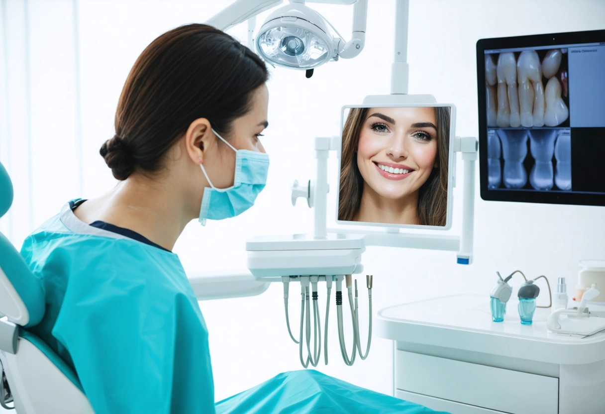 Dentist and patient reviewing tooth wear with a handheld mirror