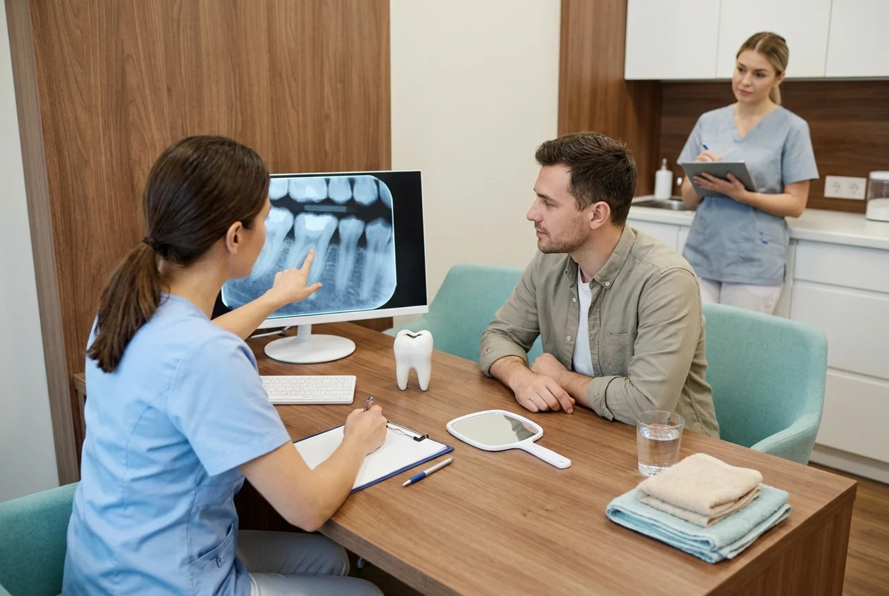 Dentist and patient review dental imagery while a hygienist notes comfort preferences