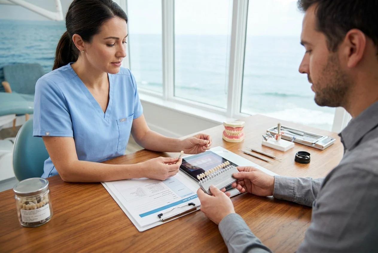 Dentist team reviews crown materials, shade guides, and case plan