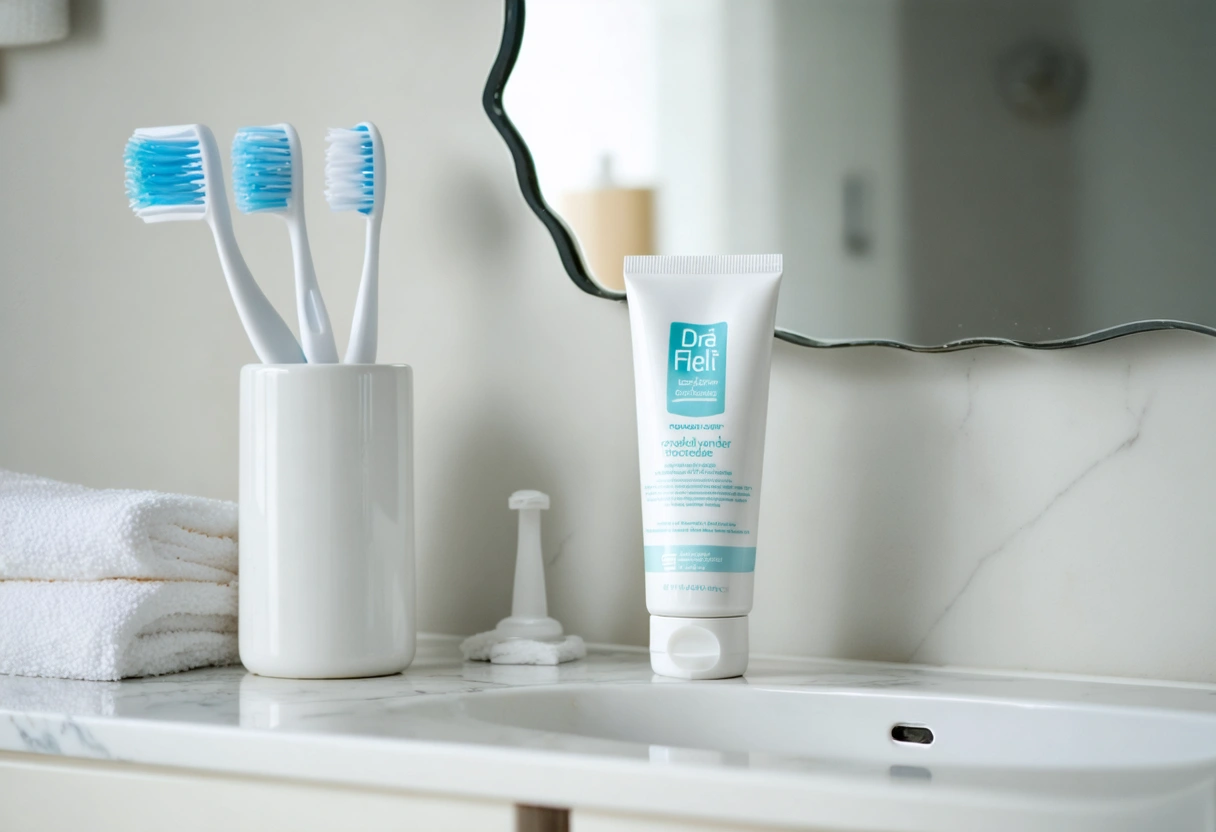 Adult toothbrush, floss threader, and toothpaste on a calm bathroom counter