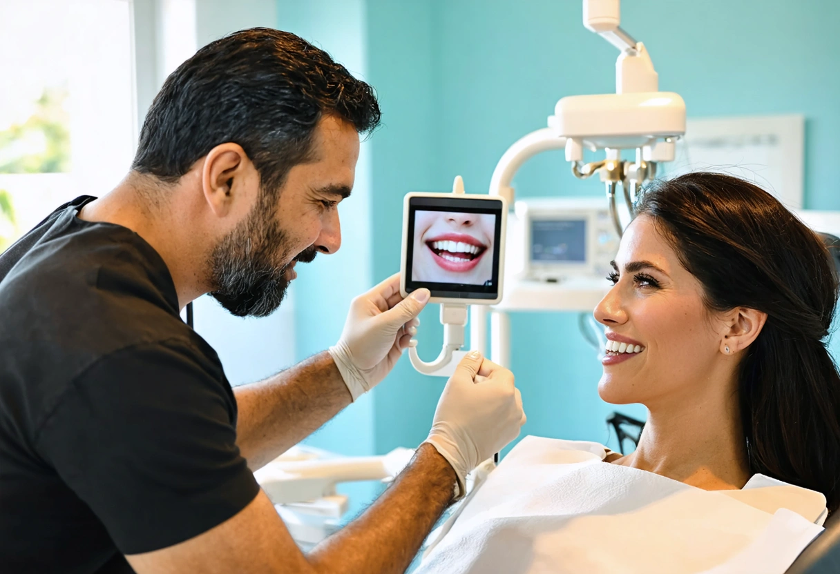 Photorealistic hero image of a warm cosmetic dentistry consultation at a serene coastal dental studio in North Port