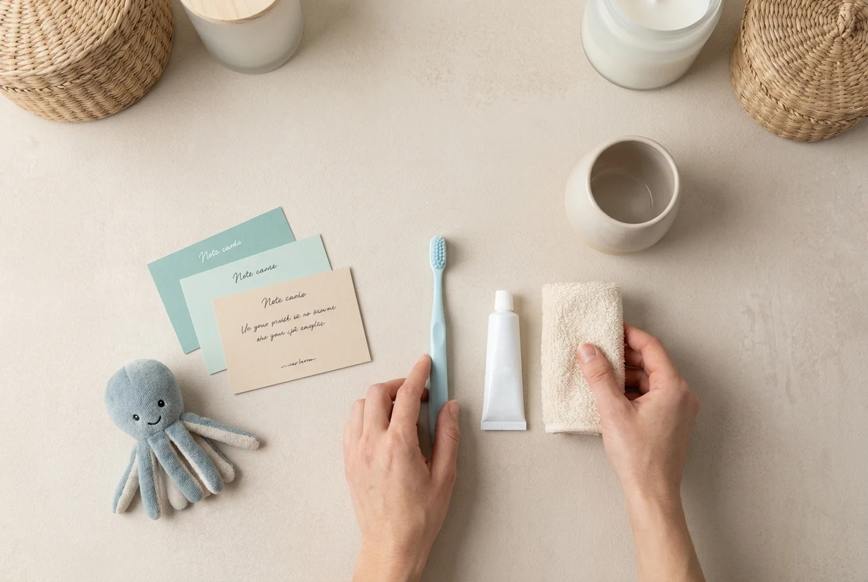 Child oral care items arranged neatly with stuffed animal and note cards