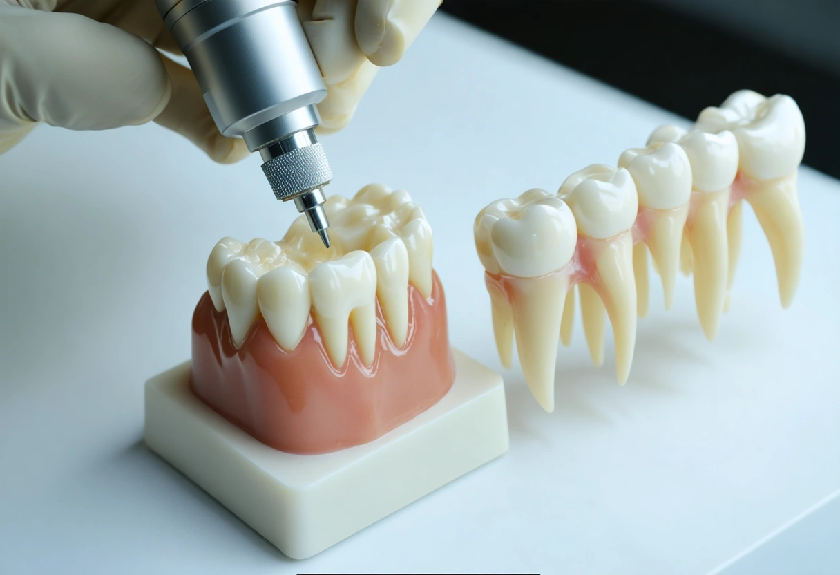 Gloved clinician holds intraoral camera beside magnified tooth image and model