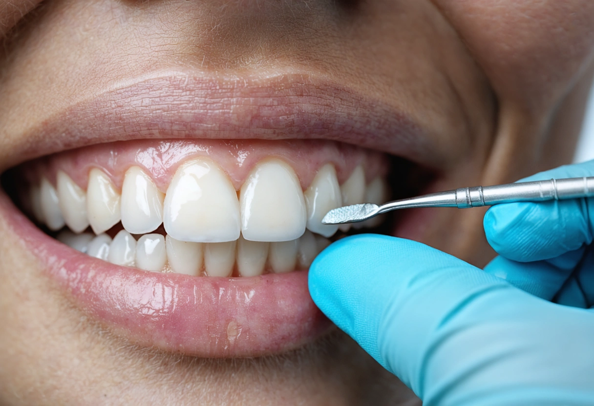 Clinician evaluates gumline and tooth length in a cosmetic dental close-up
