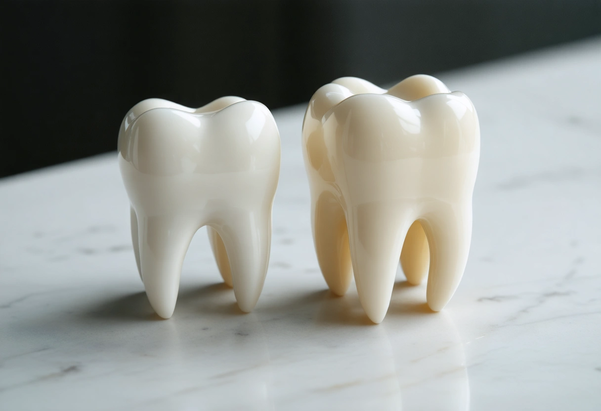 Tooth shade guide beside ceramic crown and polished restorative sample