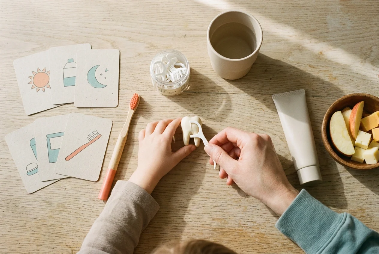 Adult and child practice flossing amid organized oral care supplies