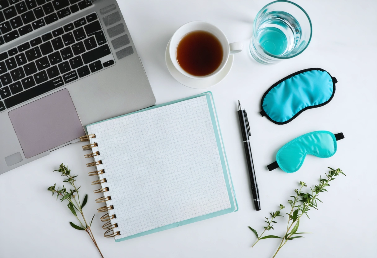 Overhead wellness workspace with notebook, tea, and a dental nightguard