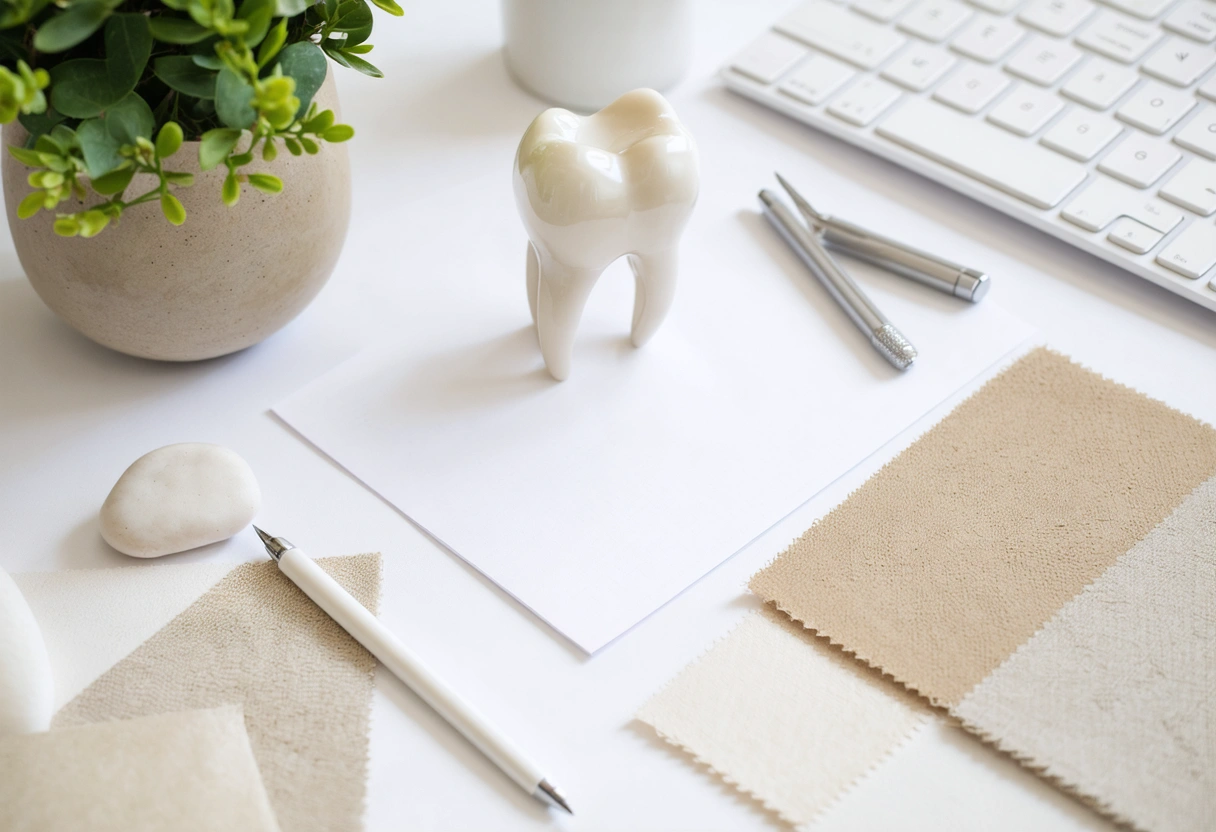 Top-down desk with tooth model, crown design, calipers, and treatment notes