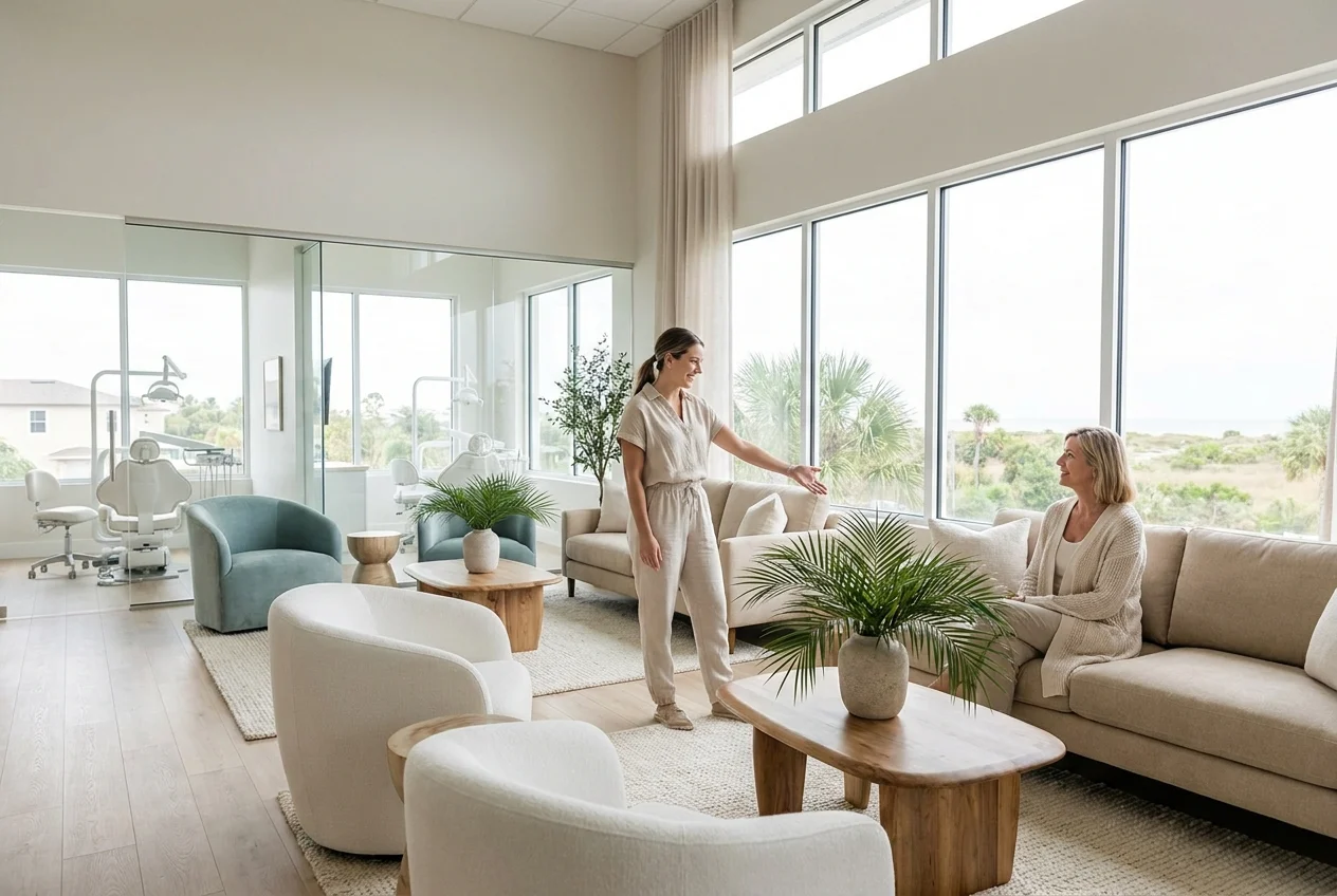 wide-editorial-hero-photograph-of-a-jyspnL Team member welcomes a patient into a bright coastal dental lounge