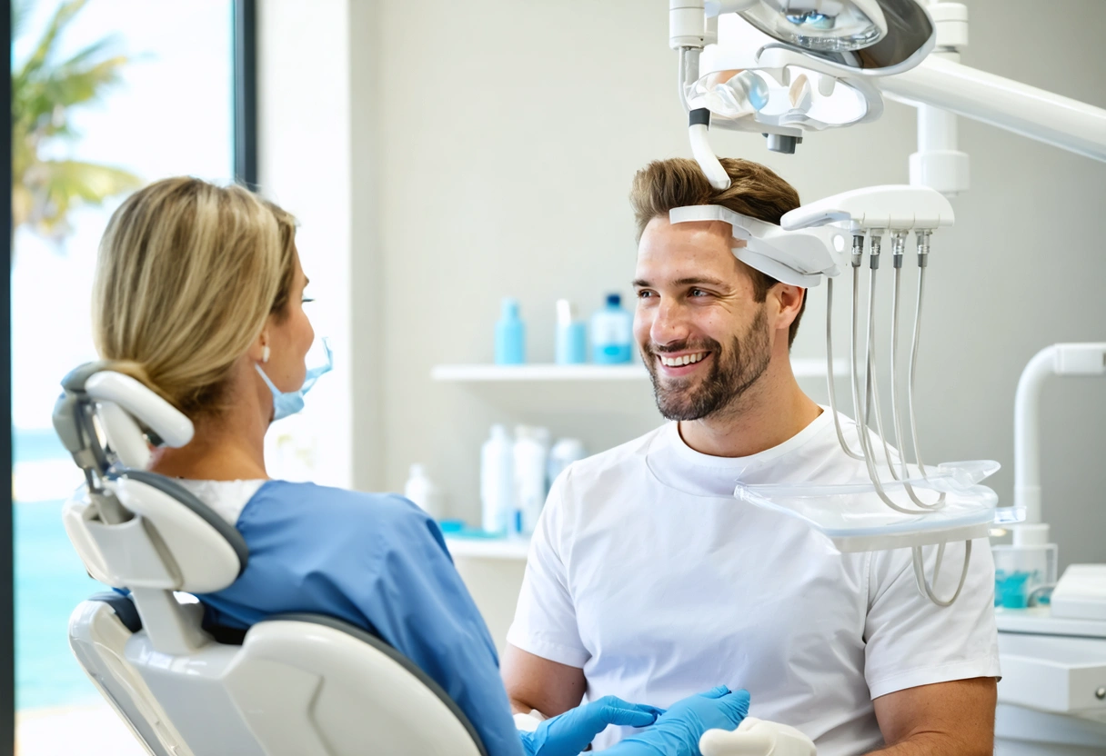 Warm dentist consulting relaxed patient in sunlit coastal treatment lounge
