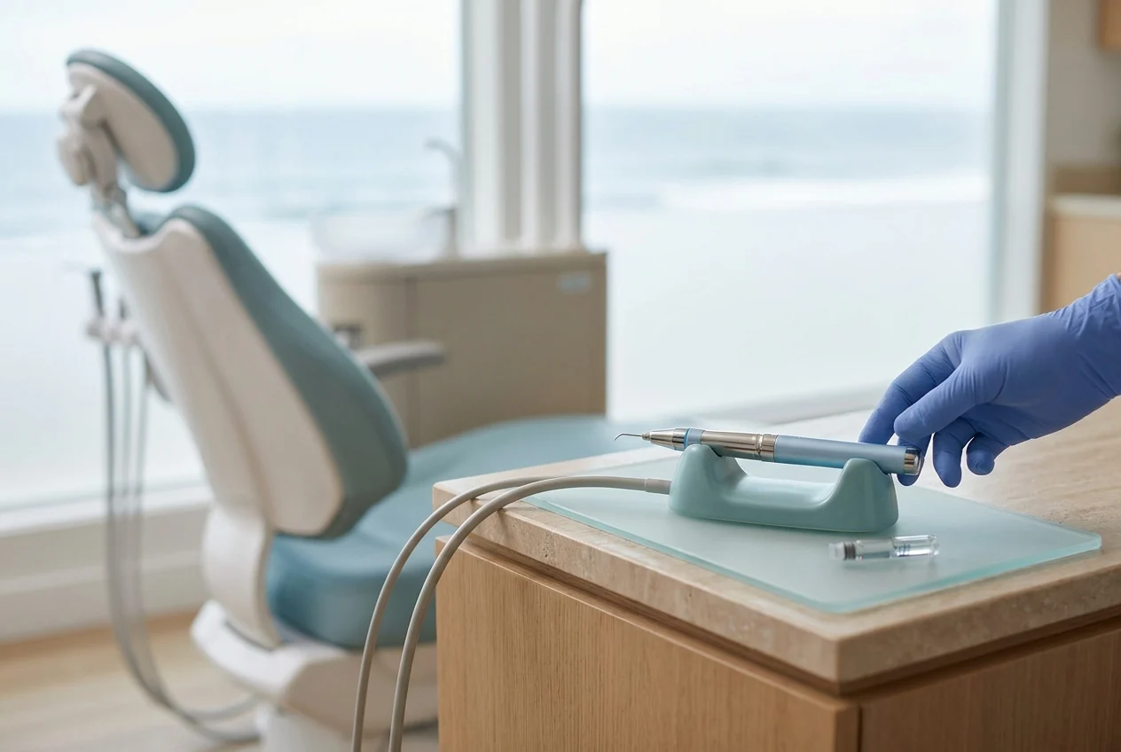Three-dimensional dental scan displayed on a computer beside treatment equipment