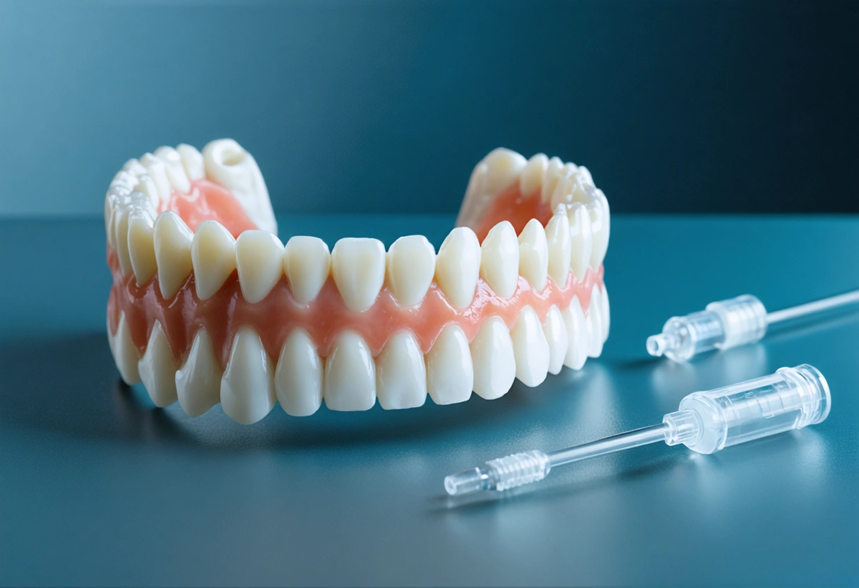 Dental model, periodontal probe, and aligners arranged in a clean clinic