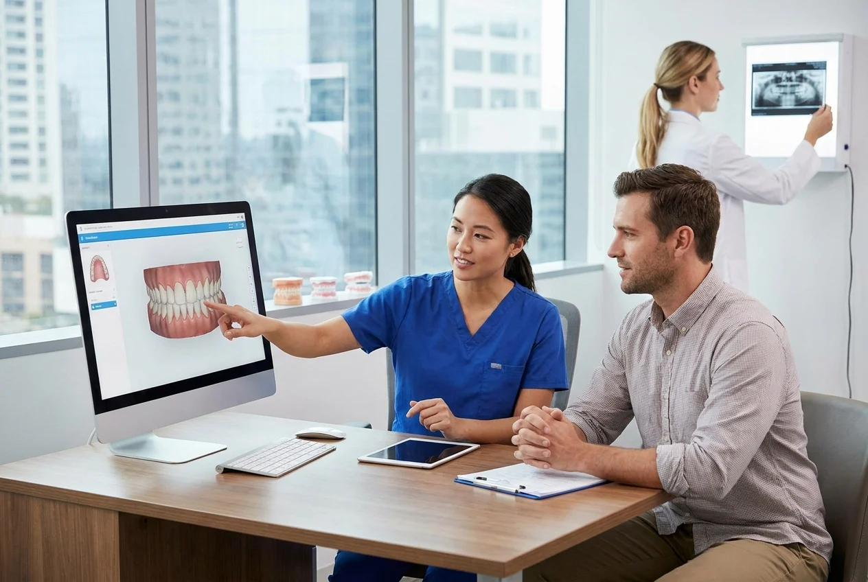 Dentist and patient review digital scans and X-rays for aligner suitability