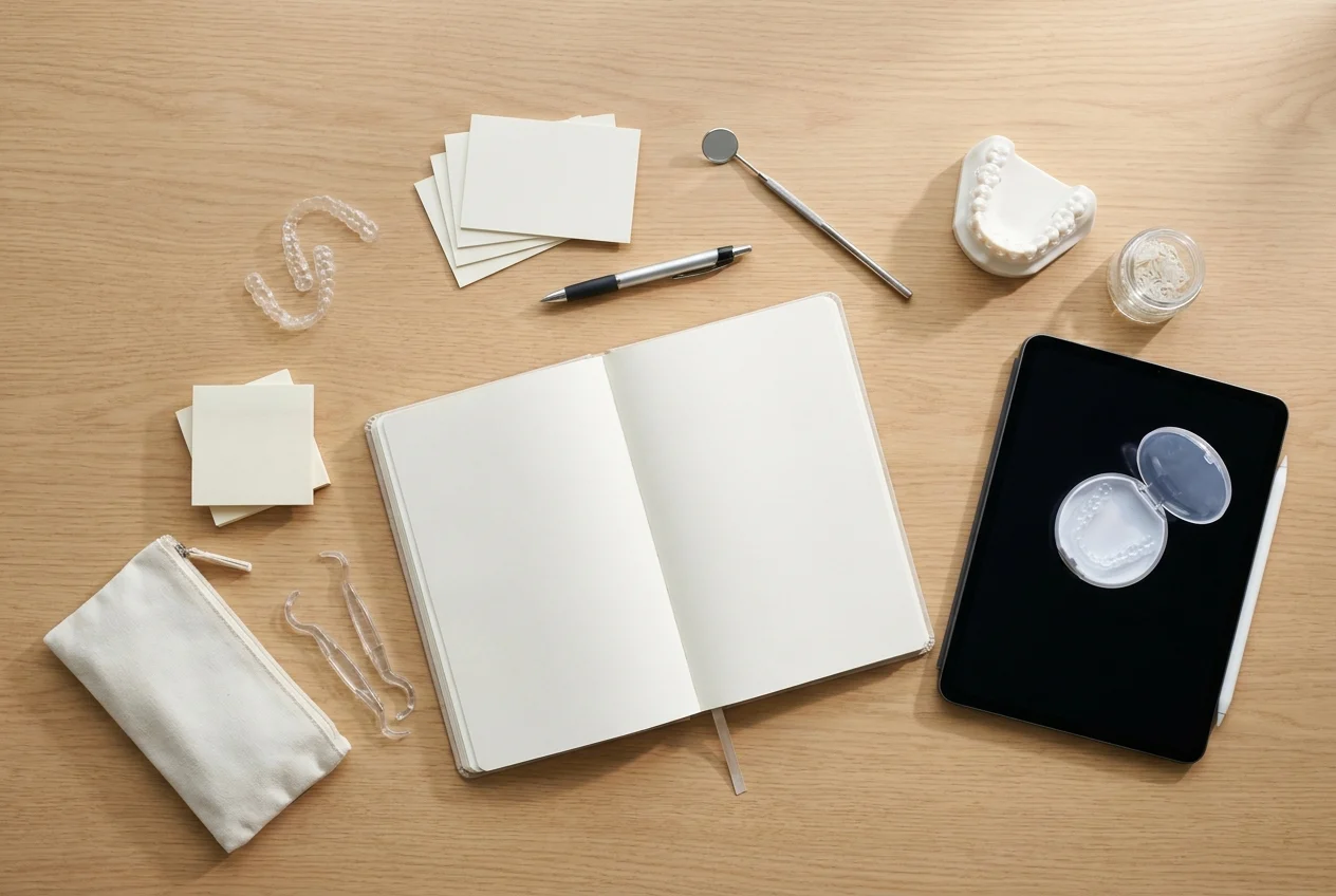 Aligners, appointment calendar, dental tools, and notes arranged on workspace