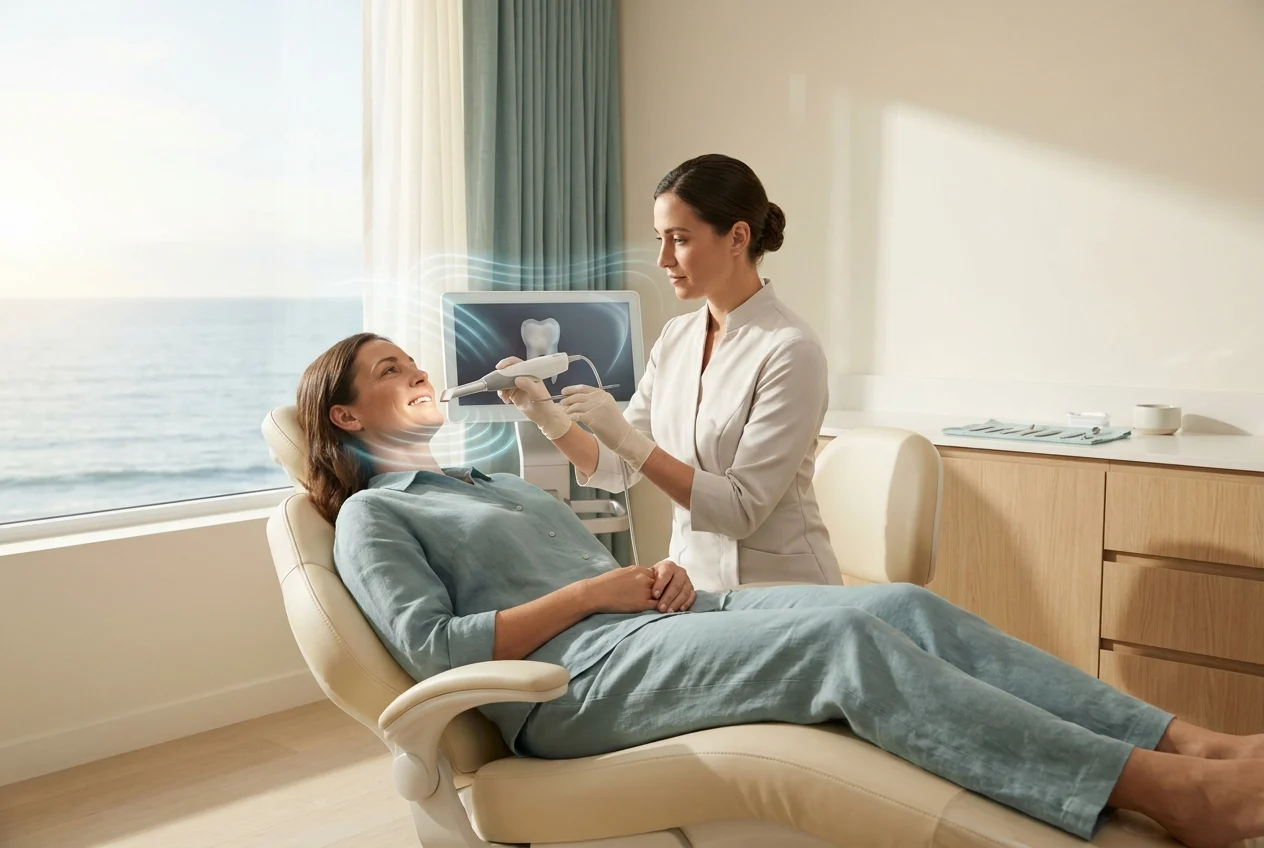 Dentist scans reclining patients tooth in serene coastal treatment suite